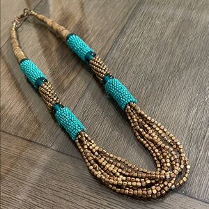 Vintage Multi Strand Beaded Statement Necklace Turquoise & Gold Seed Beads